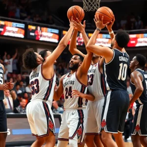 Players from the WNBA All-Star Game competing energetically on the court.