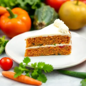A slice of carrot cake displayed with fresh fruits and vegetables.