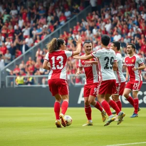 Chicago Fire FC players celebrating a goal during a match.