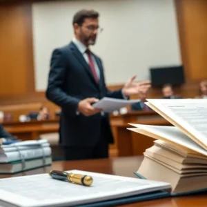 A personal injury attorney presenting a case in court with legal documents