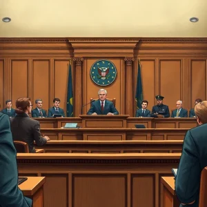 Courtroom scene depicting justice and accountability in mesothelioma litigation.