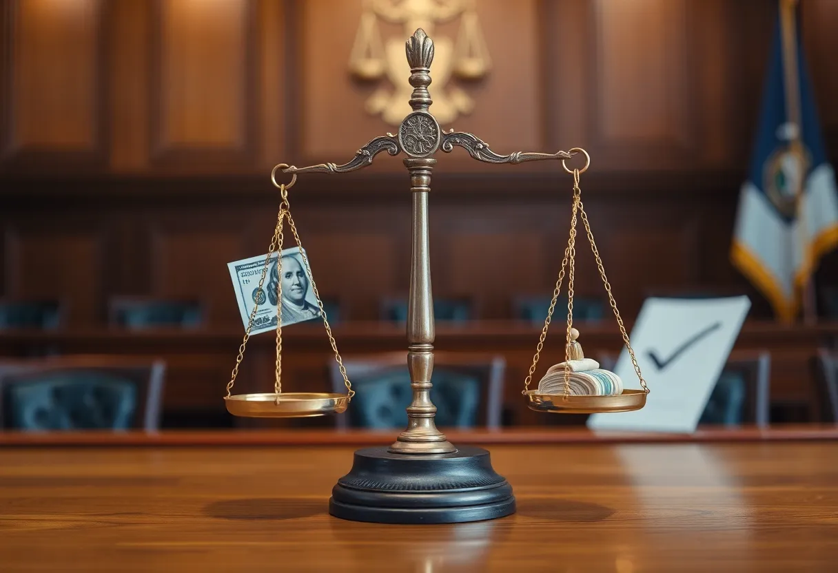 Courtroom scene representing justice in COVID-19 relief fraud cases.
