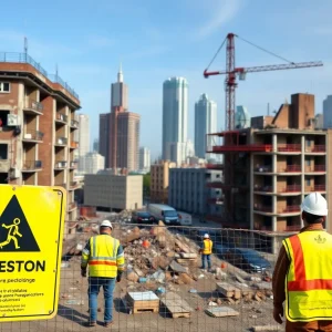 Construction workers managing safety protocols at a demolition site.