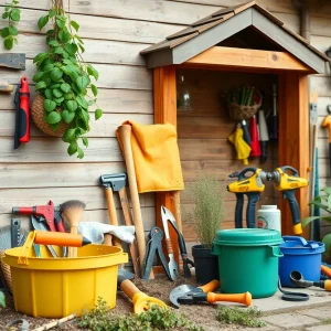Tools for DIY home maintenance including gloves and a toolbox.