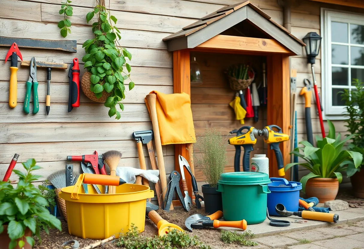 Tools for DIY home maintenance including gloves and a toolbox.
