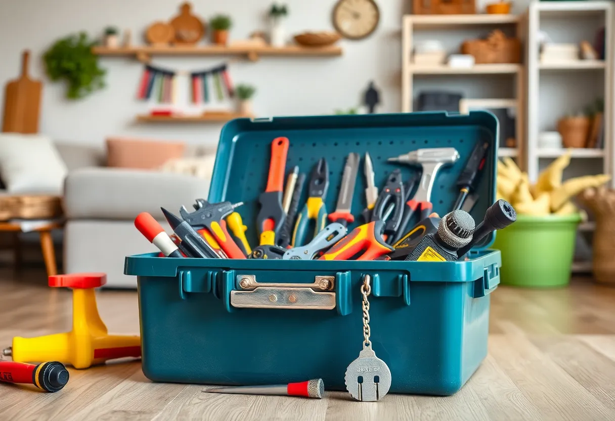 A collection of essential DIY tools in a toolbox for home repairs.