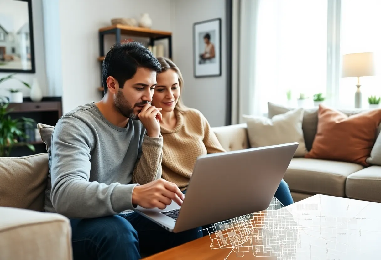 A couple assessing property listings with a laptop in Indianapolis.