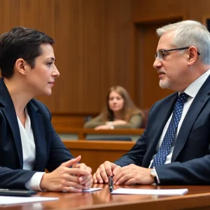Family lawyer discussing case details with a client in an office setting.