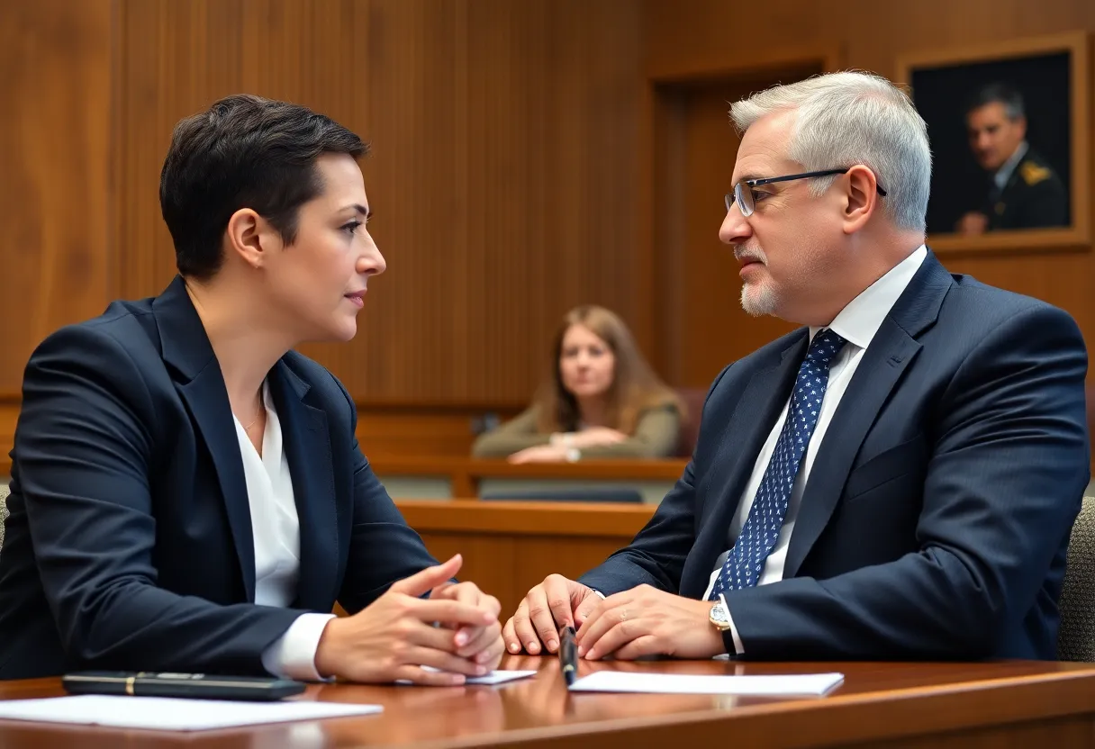 Family lawyer discussing case details with a client in an office setting.