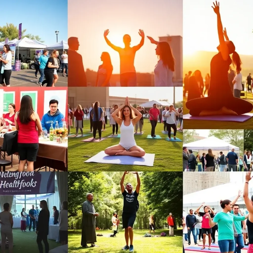 Collage of health activities in Indianapolis, including fairs, yoga, and community wellness.