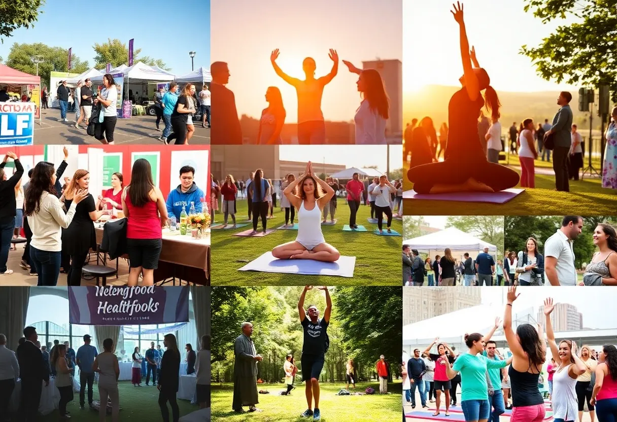 Collage of health activities in Indianapolis, including fairs, yoga, and community wellness.