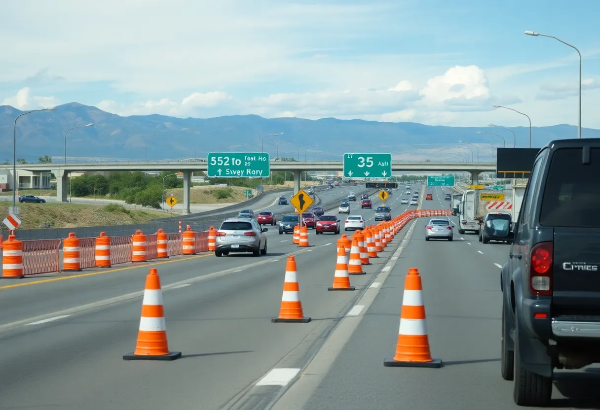 Construction on I-25 in Albuquerque with traffic barriers and lane shifts.