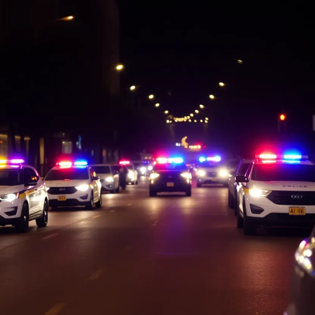 Police cars with flashing lights on a city street at night, representing public safety efforts in Indianapolis