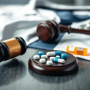 Abstract representation of medical ethics and law with prescriptions and a gavel.
