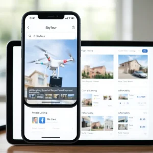 City skyline with digital property tools and diverse users engaged in homebuying processes.