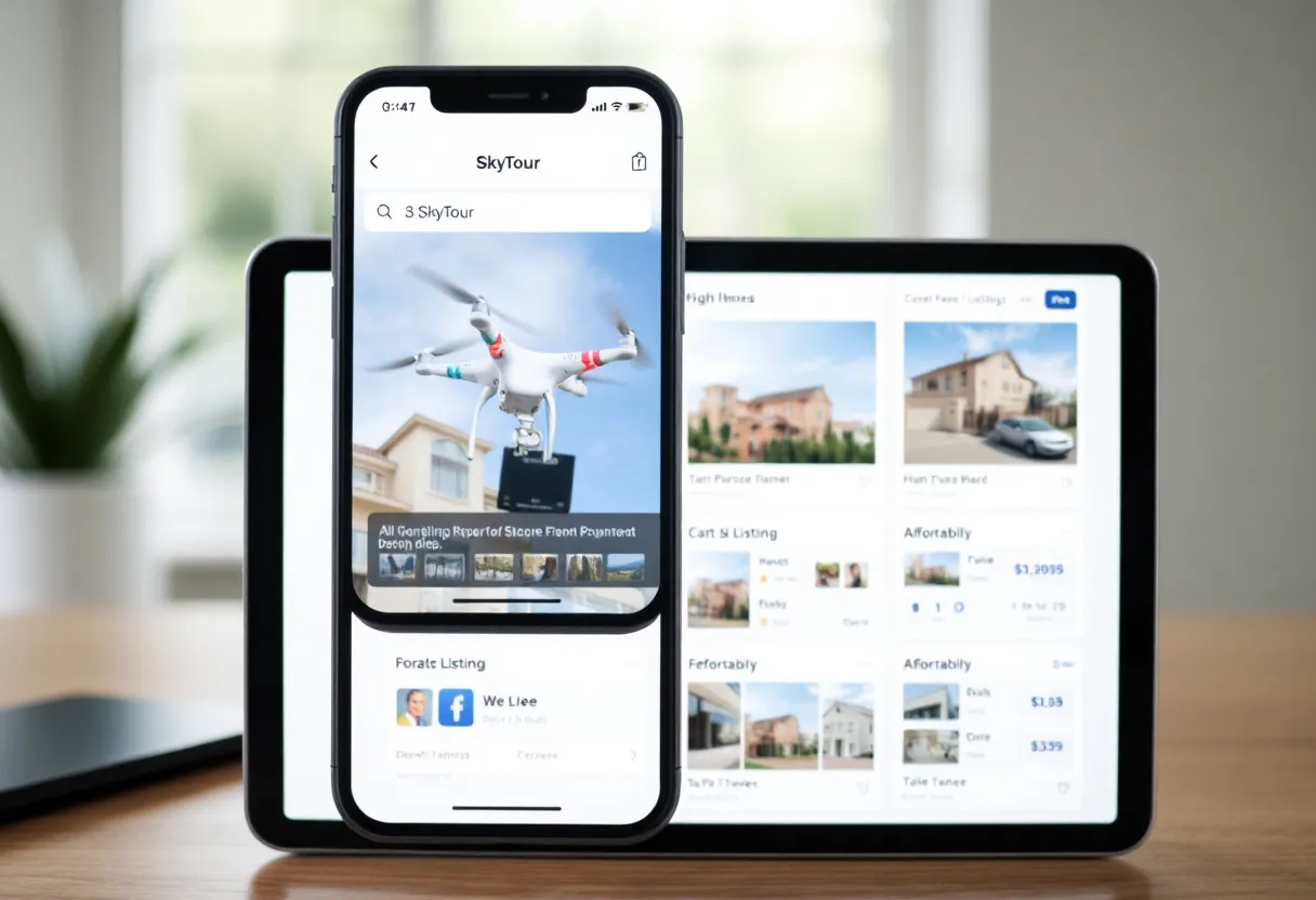 City skyline with digital property tools and diverse users engaged in homebuying processes.