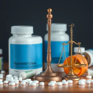 Abstract representation of the opioid crisis with medicine bottles and justice scales.