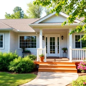 Exterior view of a ranch-style home in West Yarmouth with landscaped garden