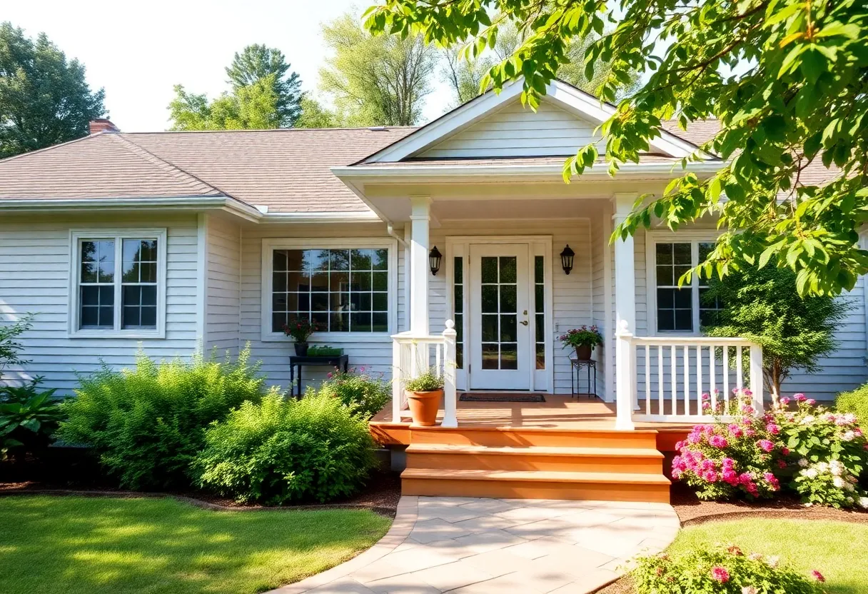 Exterior view of a ranch-style home in West Yarmouth with landscaped garden