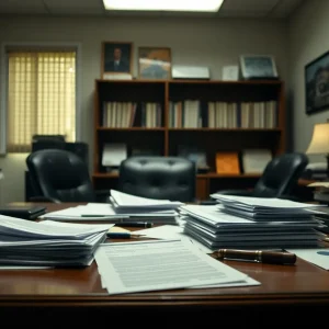 Courtroom scene depicting a real estate fraud case with legal documents and a gavel.