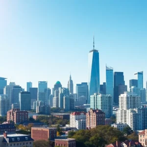 A modern city skyline with blockchain elements representing real estate tokenization.