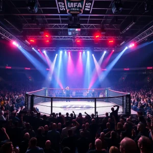 Spectacular scene of a UFC fight night atmosphere in an octagon