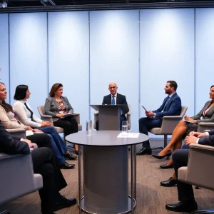 A group of people engaged in a discussion about vaccine policies in a conference setting.