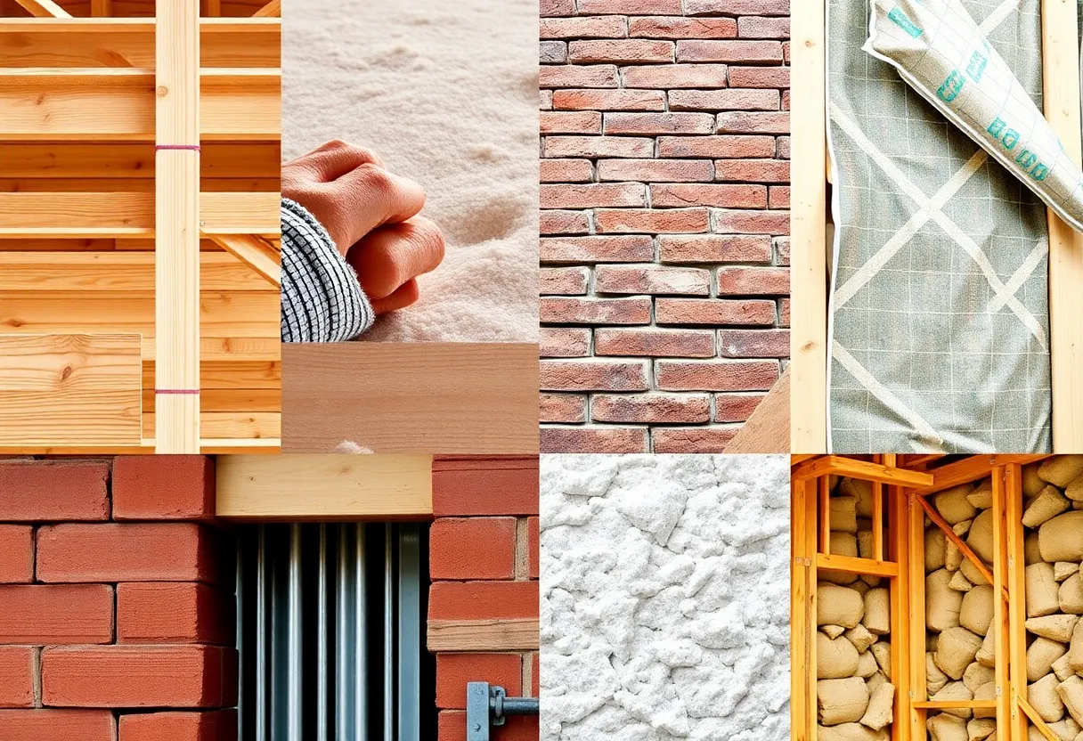 Various construction materials including wood, brick, and steel on a construction site.