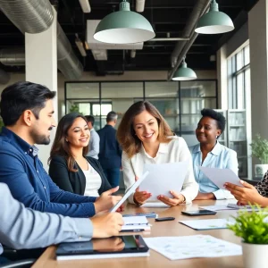 Agents collaborating in a real estate office setting
