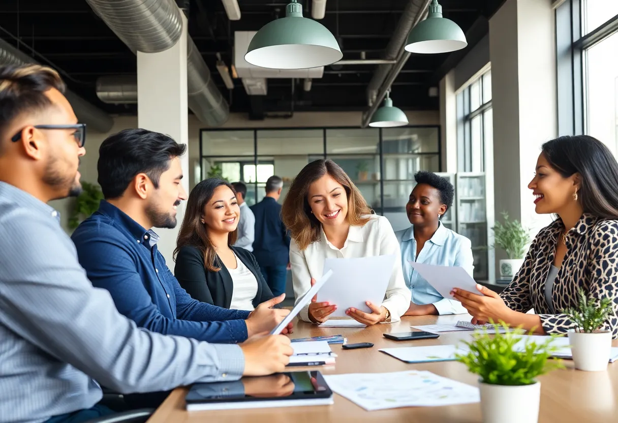 Agents collaborating in a real estate office setting