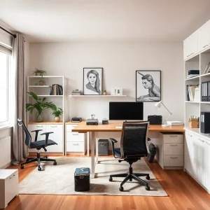 A safe and functional home office setup with ergonomic furniture and natural lighting.