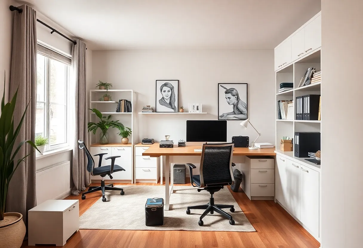 A safe and functional home office setup with ergonomic furniture and natural lighting.