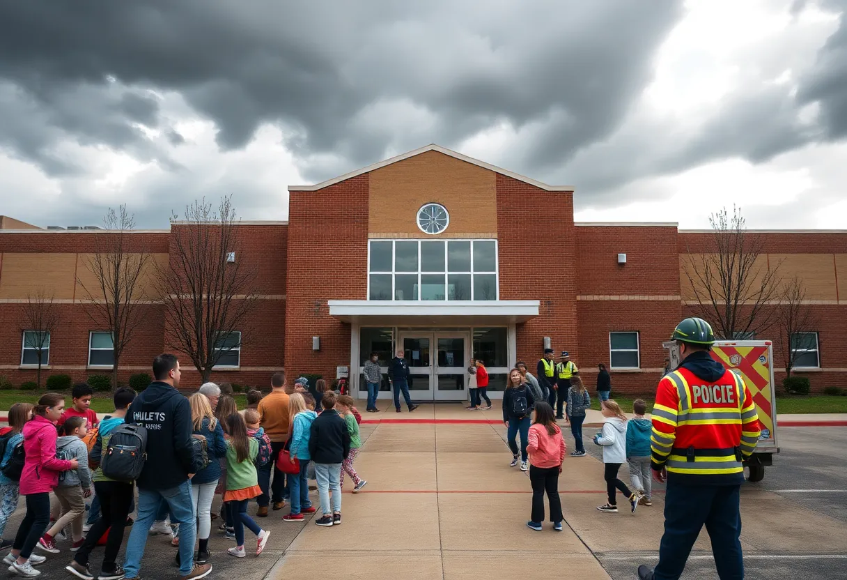 Students being dismissed from LaRue County High School with stormy weather in the background