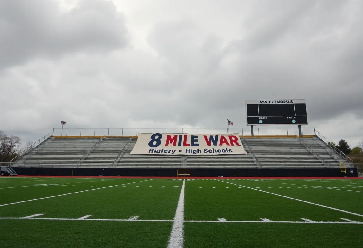 Empty football field with a faded rivalry game banner