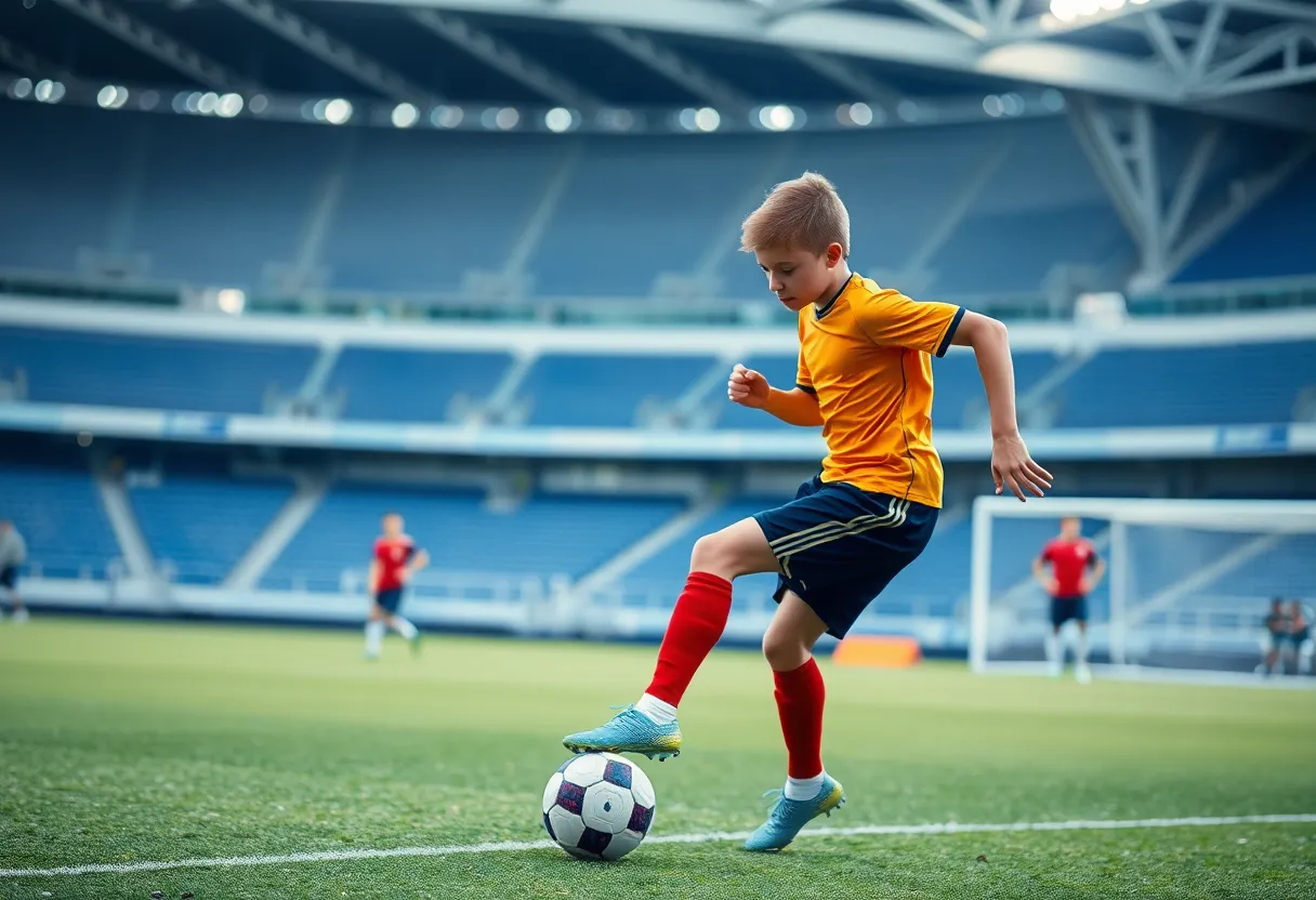 A young football player in action with a stadium background