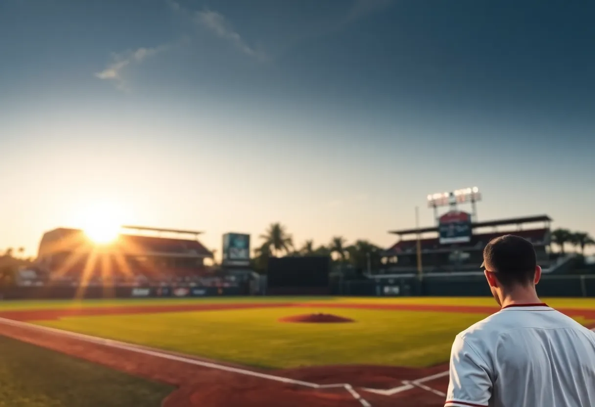 A baseball field during sunset with a focused atmosphere.