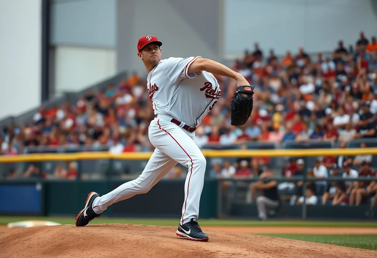 Baseball pitcher throwing a pitch during a game