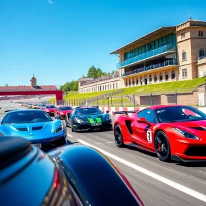 High-performance sports cars racing at Indianapolis Motor Speedway