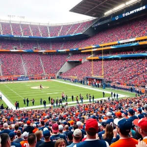 Fans cheering in a packed stadium during Broncos vs Colts game