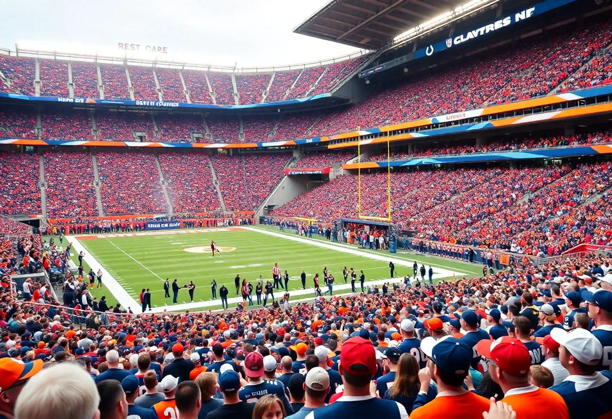 Fans cheering at the Denver Broncos and Indianapolis Colts game