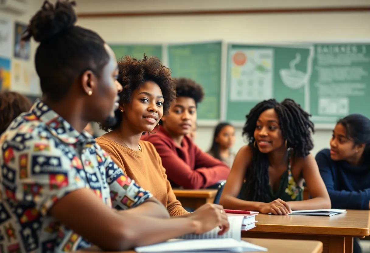 Students in a classroom discussing educational topics
