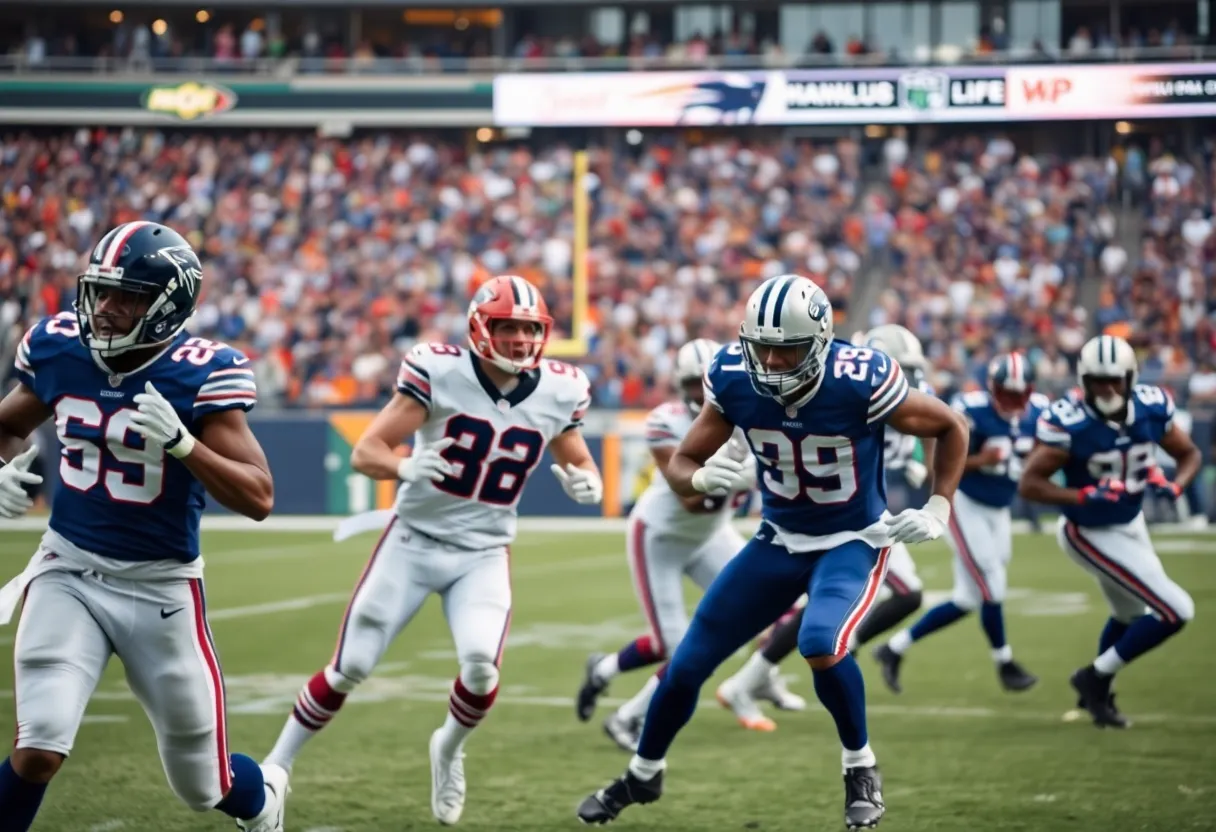 Football players competing fiercely on the field during an NFL game between Colts and Rams