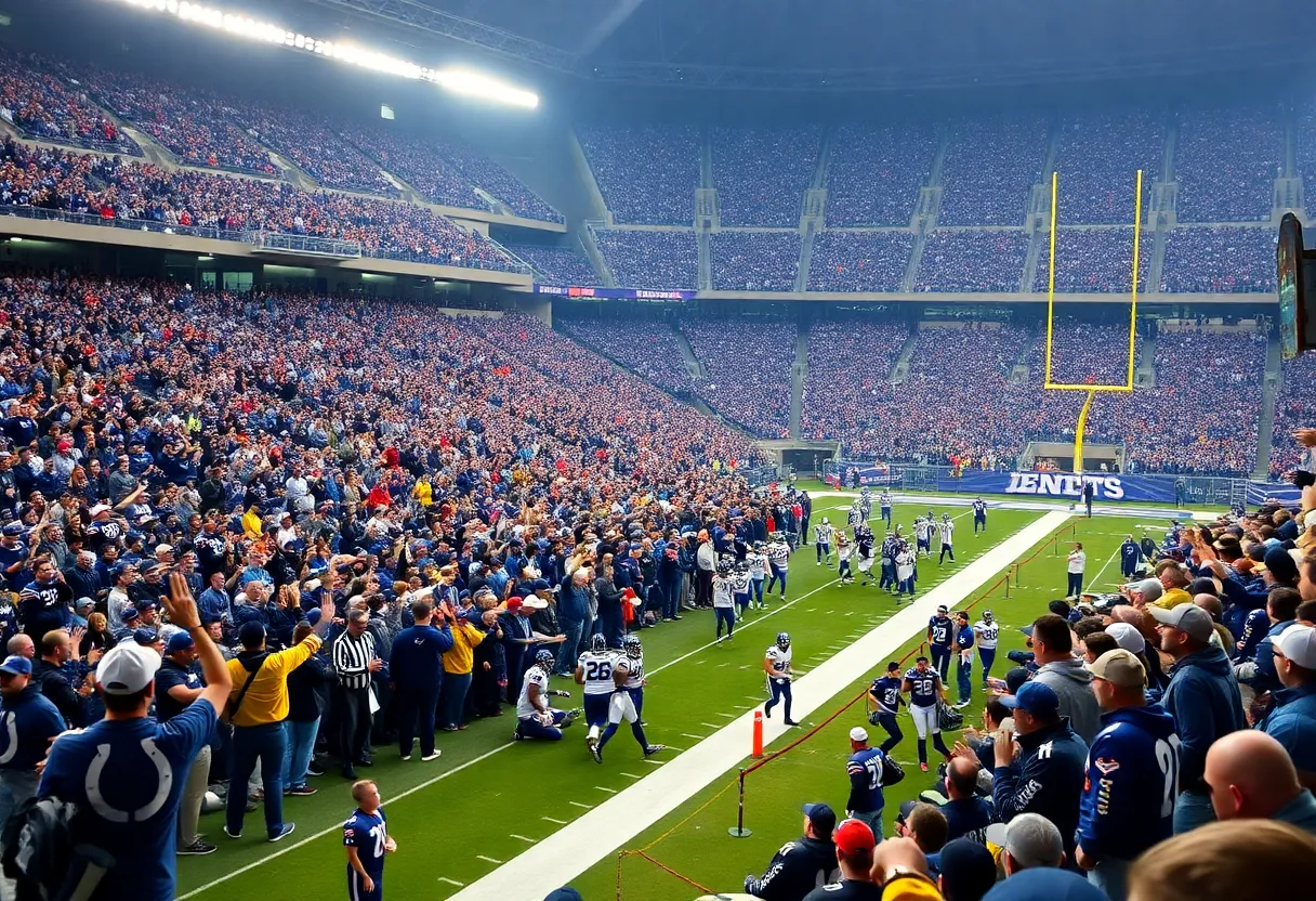 Fans celebrating during the Indianapolis Colts season opener at Lucas Oil Stadium.
