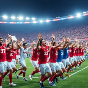 Football team celebrating victory on the field with fans cheering in the background