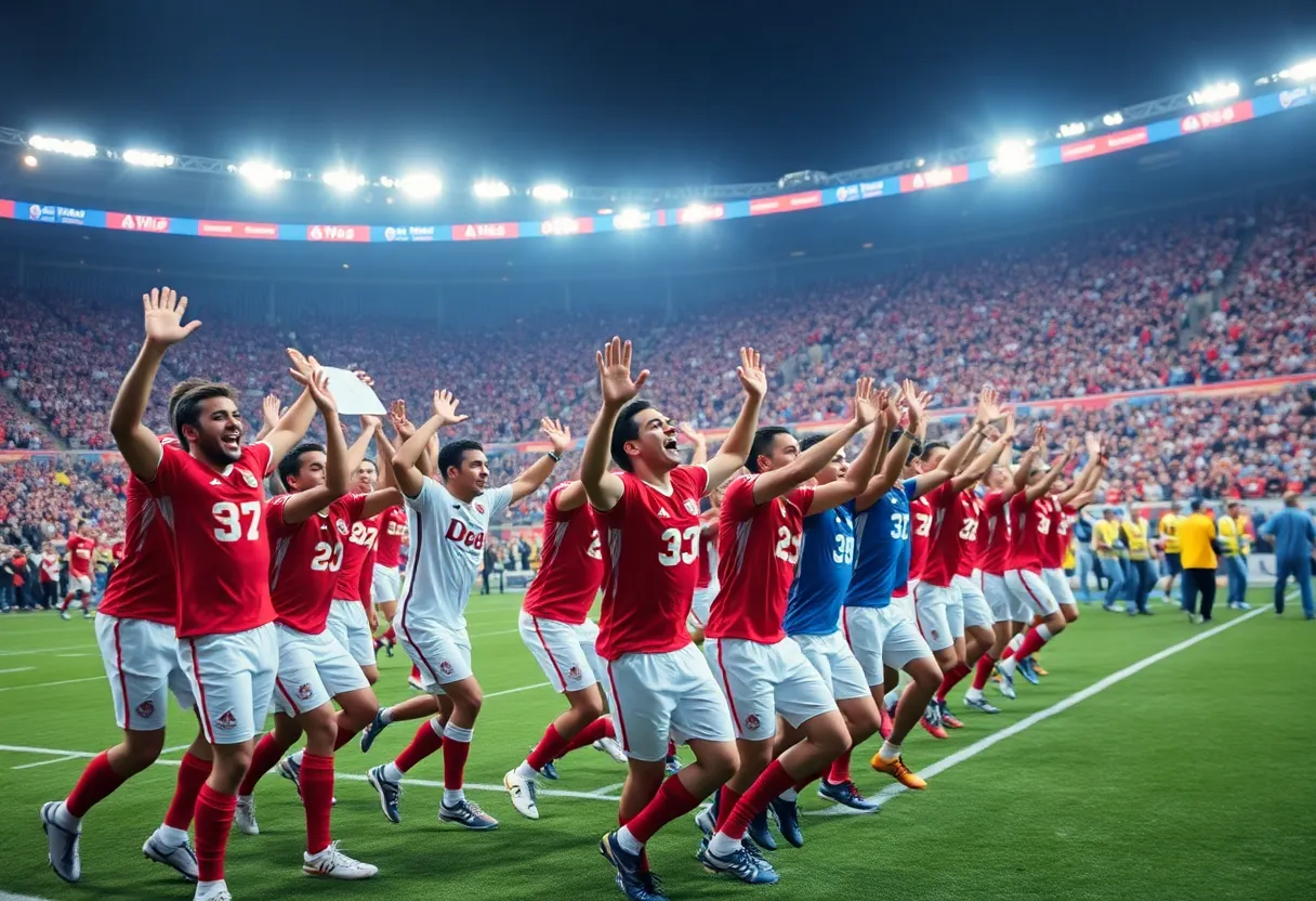 Football team celebrating victory on the field with fans cheering in the background