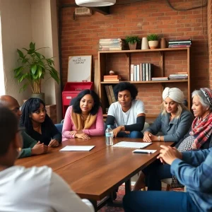 Residents discussing small business support in Indianapolis neighborhood