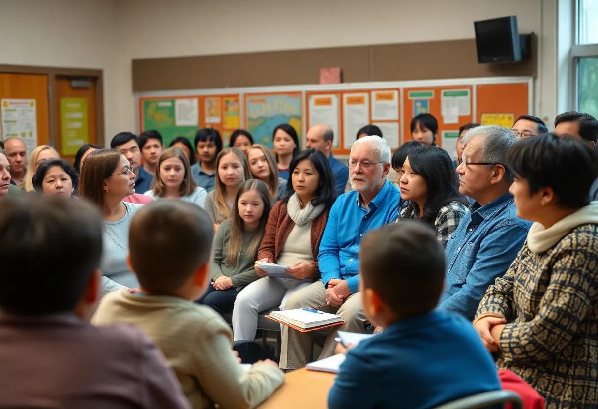 Parents discussing school closures at a community meeting