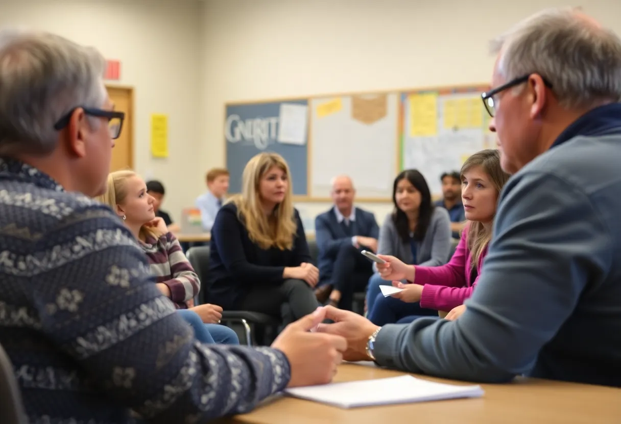 Parents discussing Wilkinson Elementary School closure in a community meeting