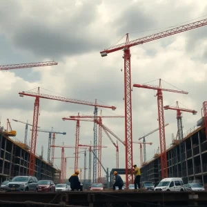 A construction site showing difficulties faced by workers and machinery in challenging conditions.