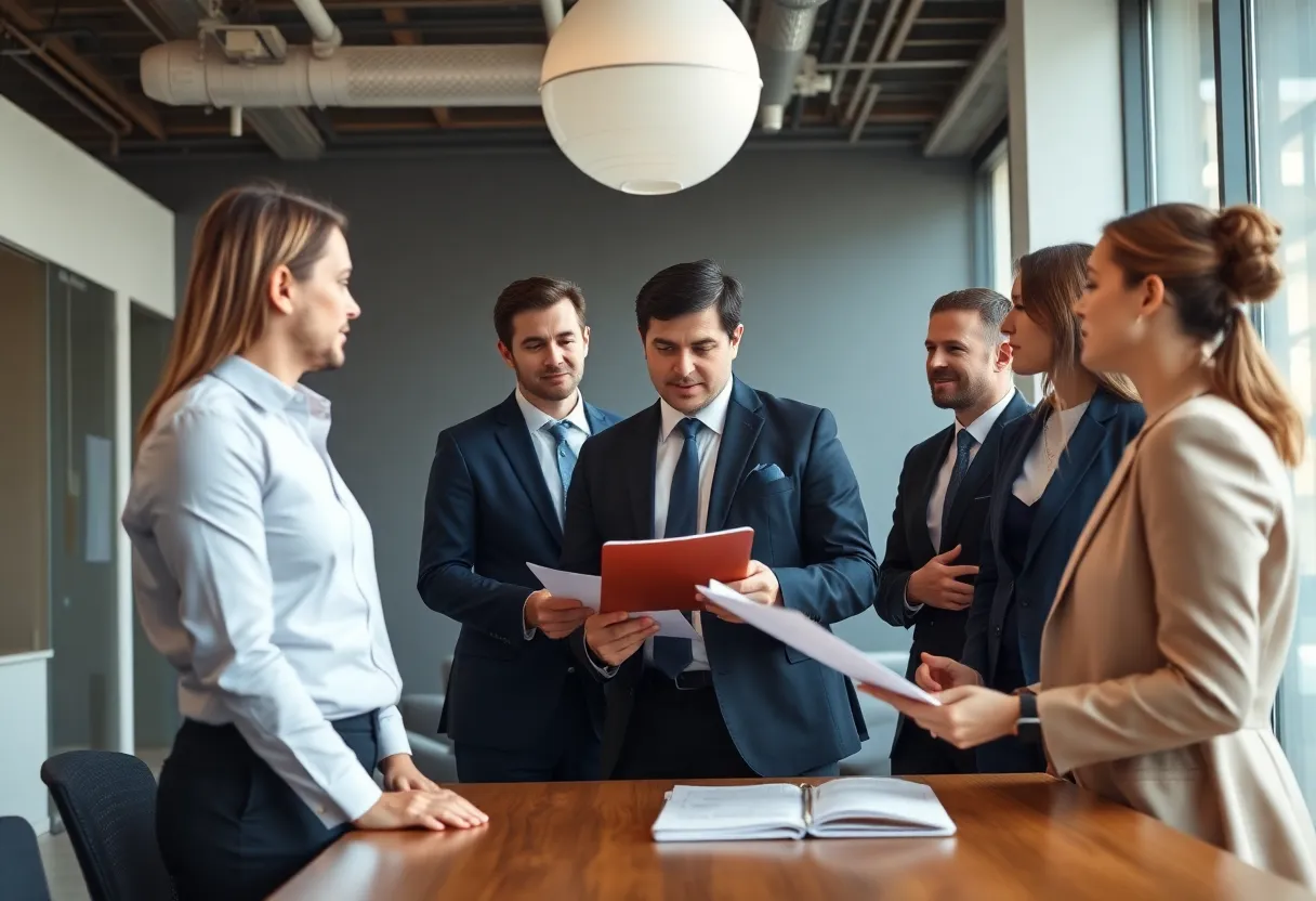 Group of construction lawyers collaborating in a modern office